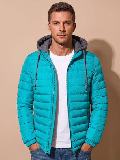 Cozy Lightweight Puffer Jacket for Men with Hooded Collar Long Sleeve Insulated Zip Winter Style