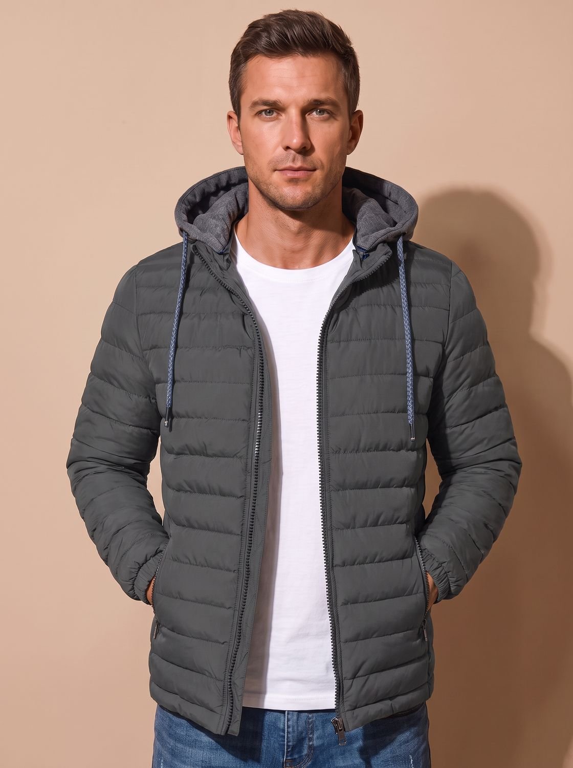 Cozy Lightweight Puffer Jacket for Men with Hooded Collar Long Sleeve Insulated Zip Winter Style