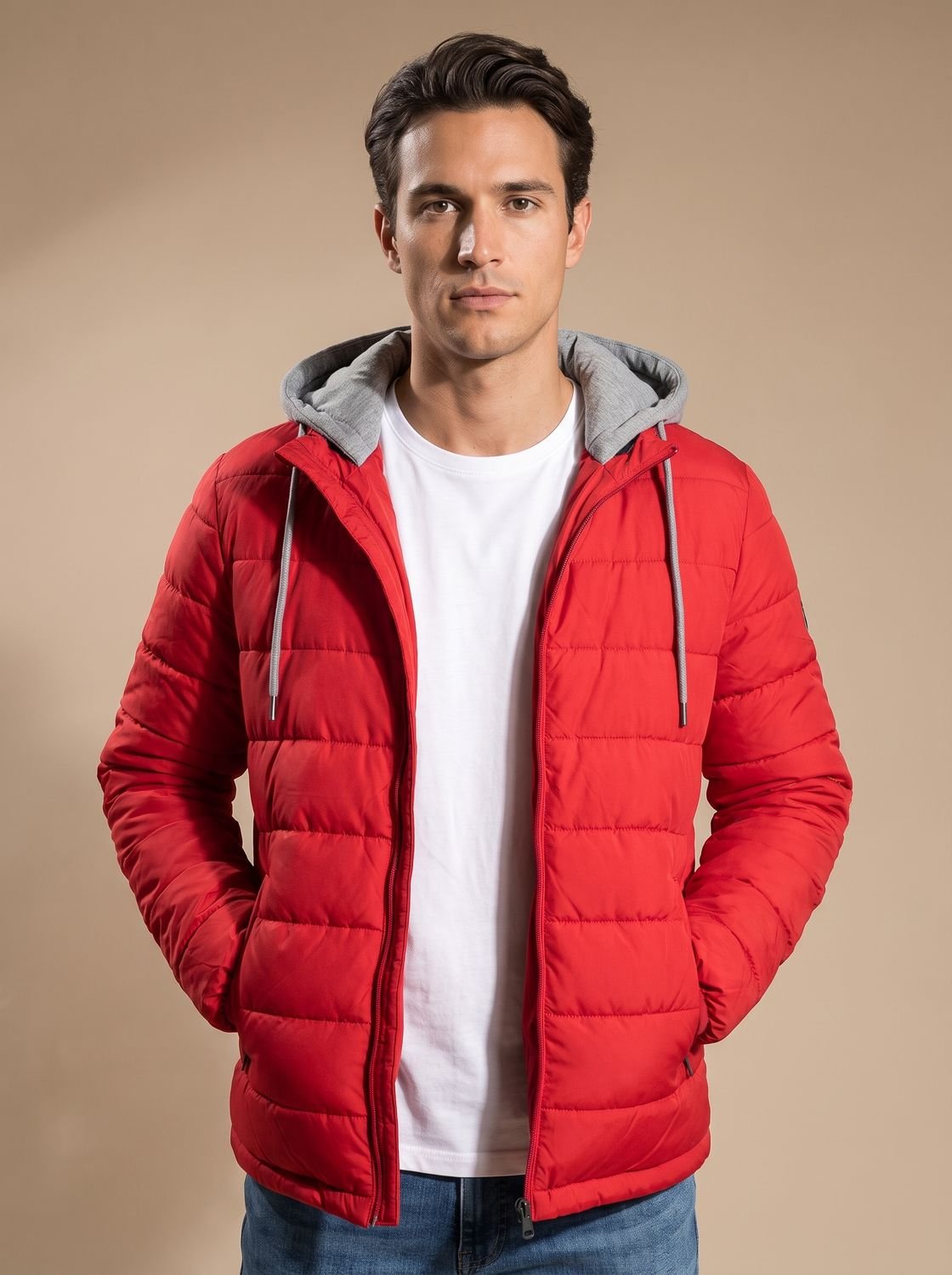 Cozy Lightweight Puffer Jacket for Men with Hooded Collar Long Sleeve Insulated Zip Winter Style