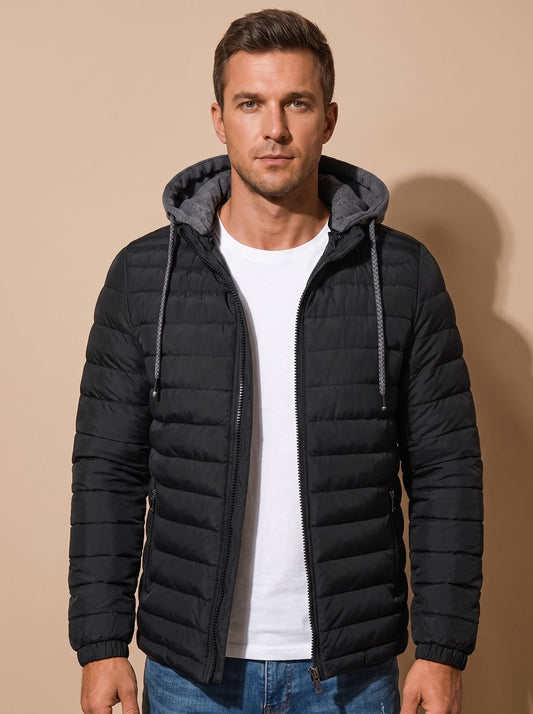 Cozy Lightweight Puffer Jacket for Men with Hooded Collar Long Sleeve Insulated Zip Winter Style