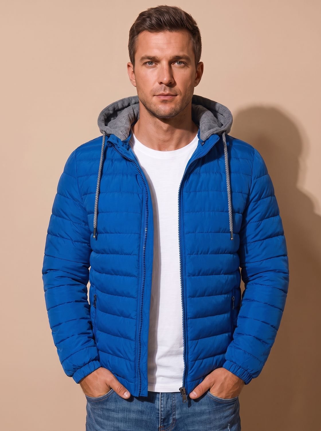 Cozy Lightweight Puffer Jacket for Men with Hooded Collar Long Sleeve Insulated Zip Winter Style