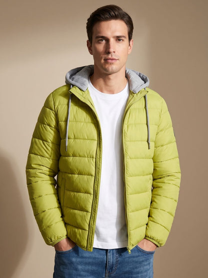 Cozy Lightweight Puffer Jacket for Men with Hooded Collar Long Sleeve Insulated Zip Winter Style
