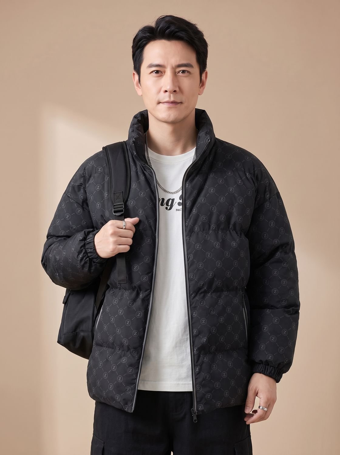 Cozy Insulated Puffer Jacket for Men with Stand Collar Long Sleeve Quilted Zip Winter Style