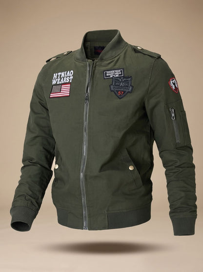 Rugged Military Bomber Jacket for Men with Stand Collar Long Sleeve Patch Zip-Up Ribbed Style
