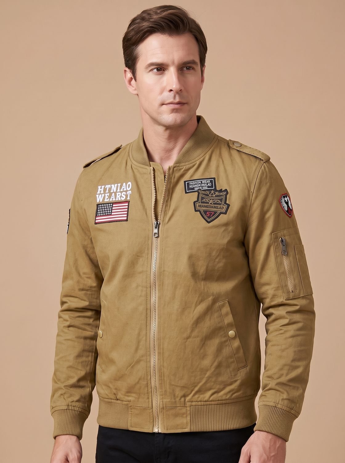 Rugged Military Bomber Jacket for Men with Stand Collar Long Sleeve Patch Zip-Up Ribbed Style