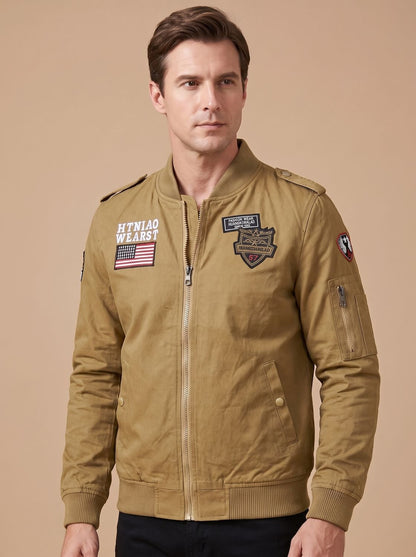 Rugged Military Bomber Jacket for Men with Stand Collar Long Sleeve Patch Zip-Up Ribbed Style