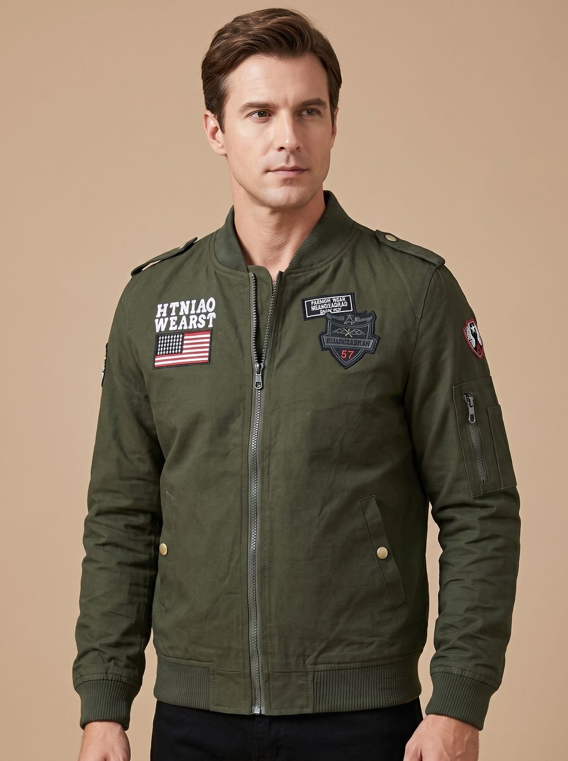 Rugged Military Bomber Jacket for Men with Stand Collar Long Sleeve Patch Zip-Up Ribbed Style