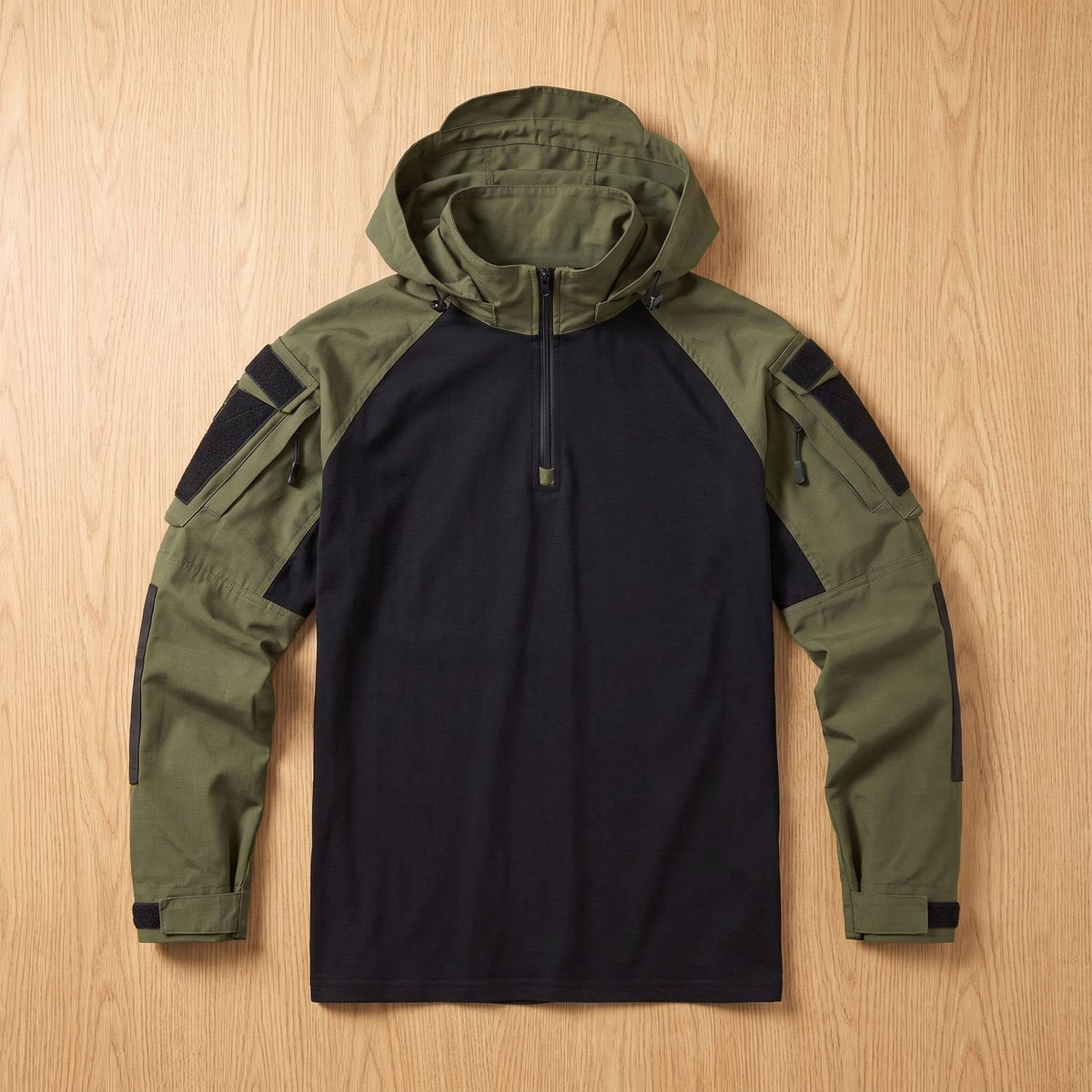 Rugged Black Military Jacket for Men with Hooded Quarter Zip Long Sleeve Tactical Anorak Style