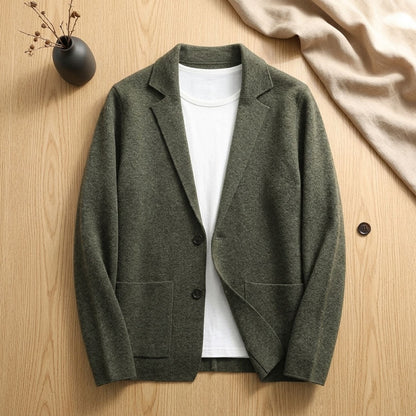 Classic Brown Cashmere Cardigan for Men with Notched Lapel Button Front Long Sleeve Sport Coat Style