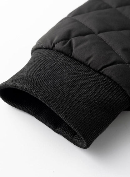 Cozy Black Diamond Quilted Bomber Jacket for Men with Stand Collar Long Sleeve Fleece Lined Full Zip Style