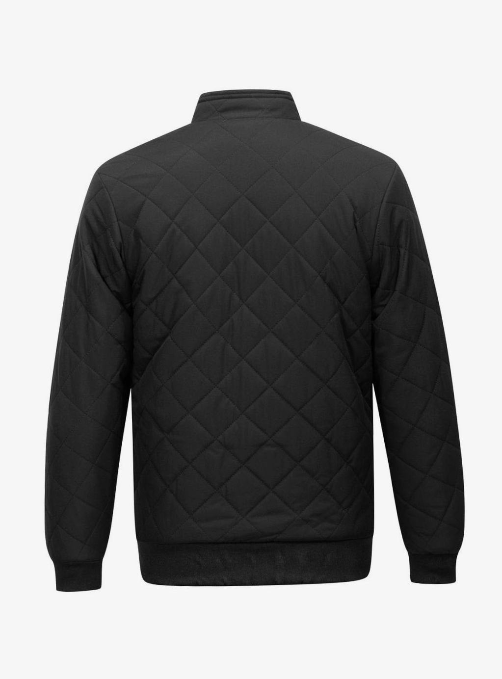 Cozy Black Diamond Quilted Bomber Jacket for Men with Stand Collar Long Sleeve Fleece Lined Full Zip Style