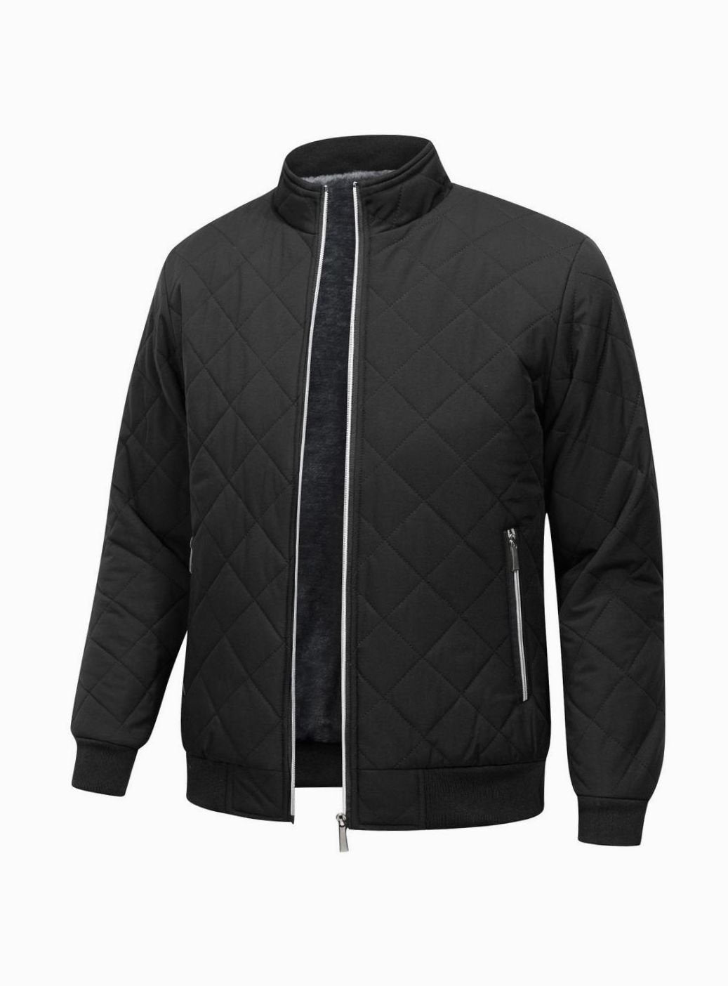 Cozy Black Diamond Quilted Bomber Jacket for Men with Stand Collar Long Sleeve Fleece Lined Full Zip Style