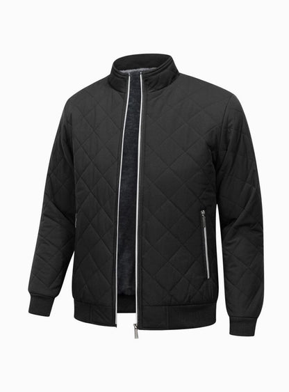 Cozy Black Diamond Quilted Bomber Jacket for Men with Stand Collar Long Sleeve Fleece Lined Full Zip Style