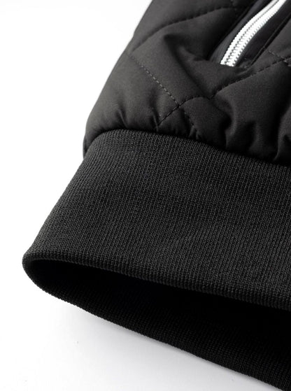 Cozy Black Diamond Quilted Bomber Jacket for Men with Stand Collar Long Sleeve Fleece Lined Full Zip Style
