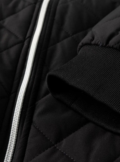 Cozy Black Diamond Quilted Bomber Jacket for Men with Stand Collar Long Sleeve Fleece Lined Full Zip Style