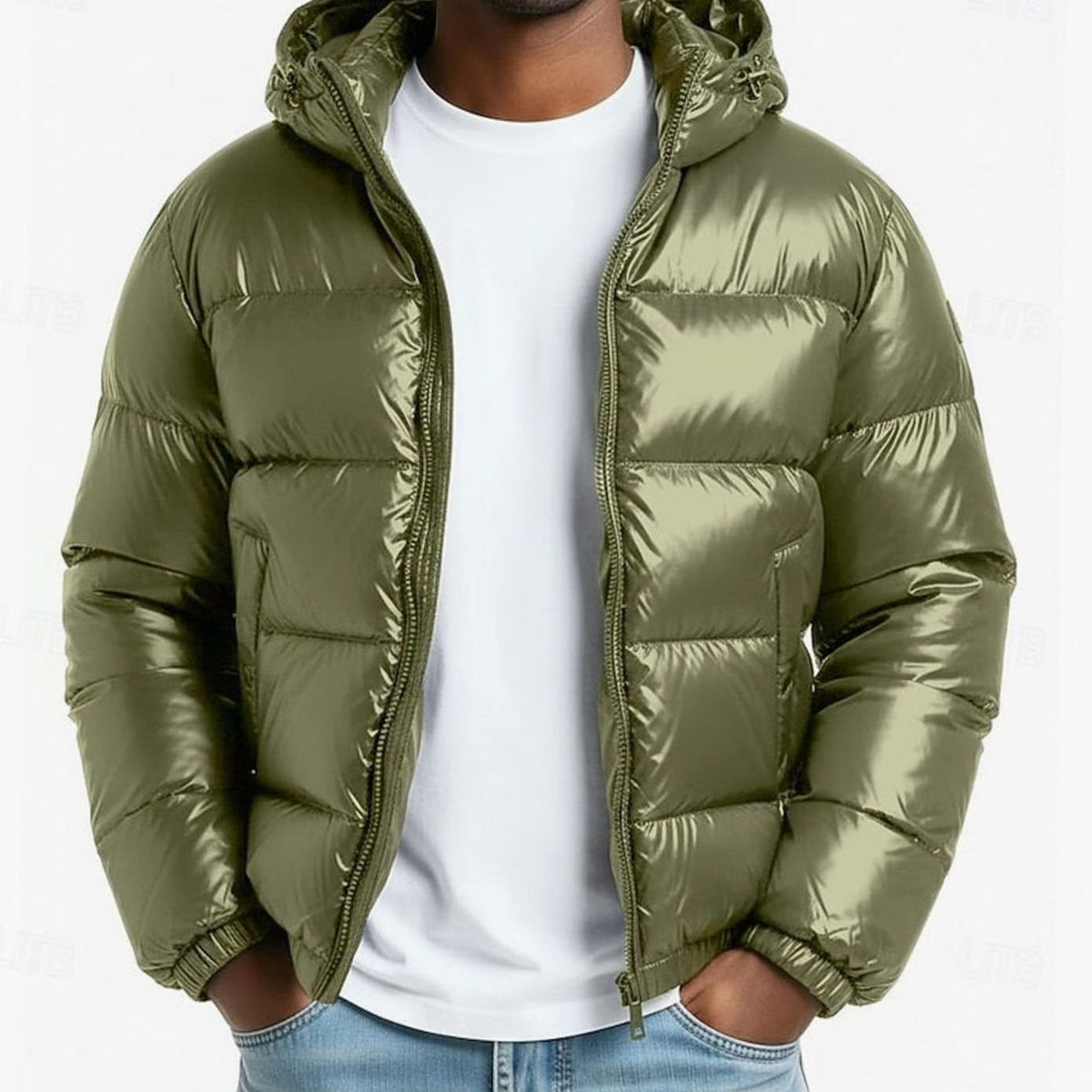 Cozy Glossy Puffer Jacket for Men with Hooded Collar Long Sleeve Coated Zip Winter Style
