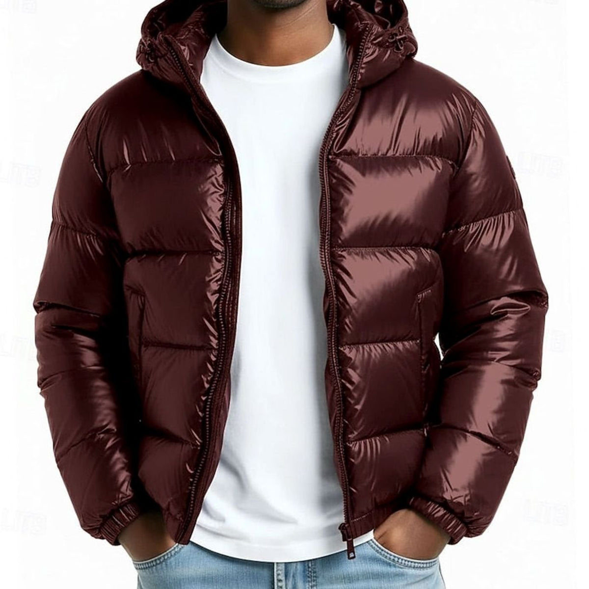 Cozy Glossy Puffer Jacket for Men with Hooded Collar Long Sleeve Coated Zip Winter Style