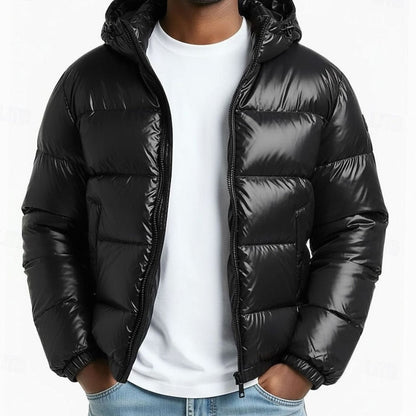 Cozy Glossy Puffer Jacket for Men with Hooded Collar Long Sleeve Coated Zip Winter Style