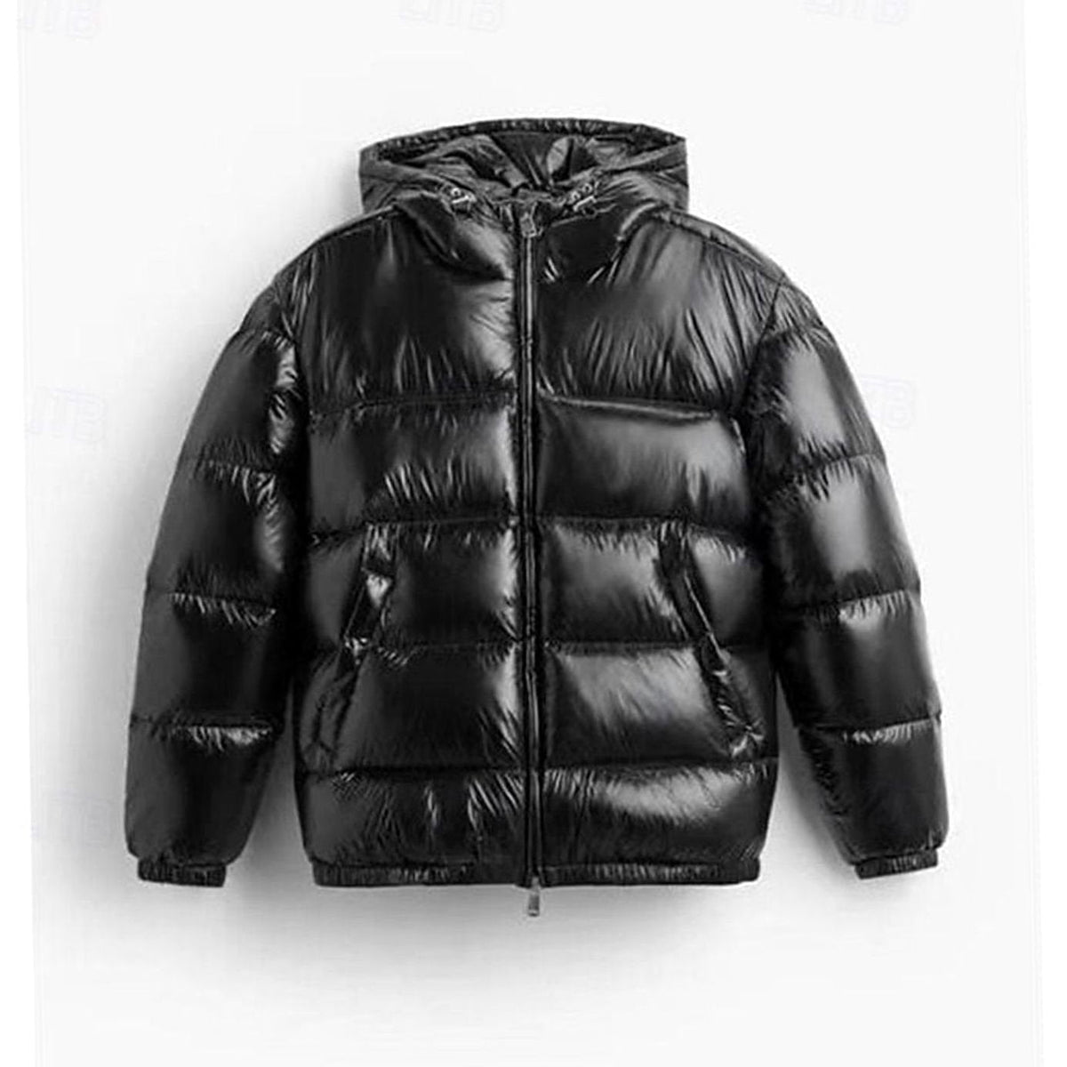 Cozy Glossy Puffer Jacket for Men with Hooded Collar Long Sleeve Coated Zip Winter Style