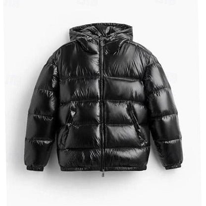 Cozy Glossy Puffer Jacket for Men with Hooded Collar Long Sleeve Coated Zip Winter Style