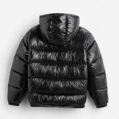 Cozy Glossy Puffer Jacket for Men with Hooded Collar Long Sleeve Coated Zip Winter Style