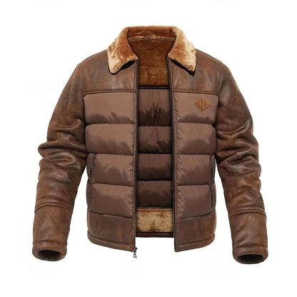 Cozy Faux Leather Puffer Jacket for Men with Shearling Collar Long Sleeve Quilted Zip Winter Style