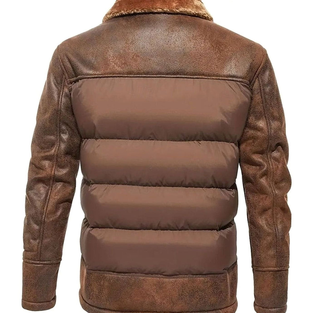 Cozy Faux Leather Puffer Jacket for Men with Shearling Collar Long Sleeve Quilted Zip Winter Style