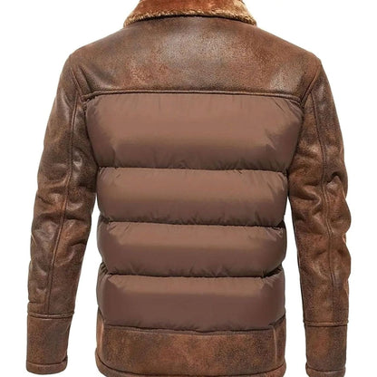 Cozy Faux Leather Puffer Jacket for Men with Shearling Collar Long Sleeve Quilted Zip Winter Style