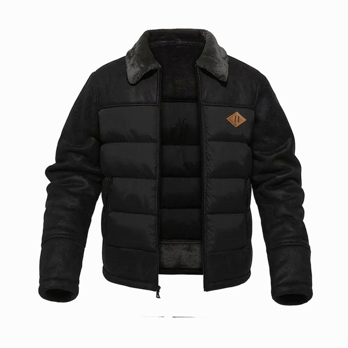 Cozy Faux Leather Puffer Jacket for Men with Shearling Collar Long Sleeve Quilted Zip Winter Style