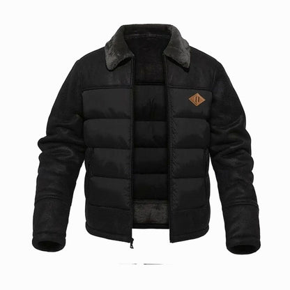 Cozy Faux Leather Puffer Jacket for Men with Shearling Collar Long Sleeve Quilted Zip Winter Style