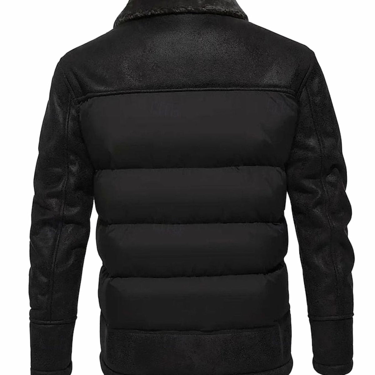 Cozy Faux Leather Puffer Jacket for Men with Shearling Collar Long Sleeve Quilted Zip Winter Style