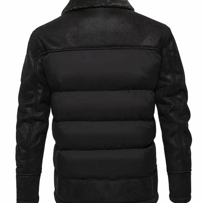 Cozy Faux Leather Puffer Jacket for Men with Shearling Collar Long Sleeve Quilted Zip Winter Style