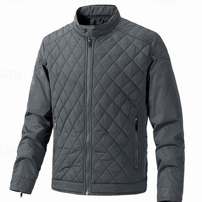 Cozy Diamond Quilted Moto Jacket for Men with Stand Collar Long Sleeve Full Zip Bomber Winter Style