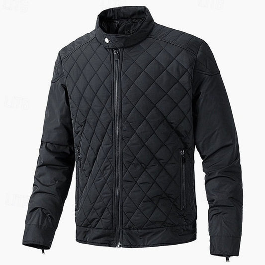 Cozy Diamond Quilted Moto Jacket for Men with Stand Collar Long Sleeve Full Zip Bomber Winter Style