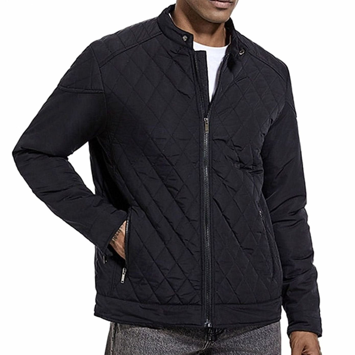 Cozy Diamond Quilted Moto Jacket for Men with Stand Collar Long Sleeve Full Zip Bomber Winter Style