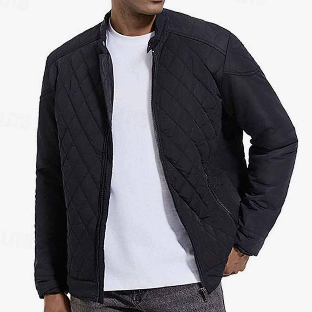 Cozy Diamond Quilted Moto Jacket for Men with Stand Collar Long Sleeve Full Zip Bomber Winter Style