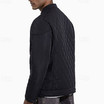 Cozy Diamond Quilted Moto Jacket for Men with Stand Collar Long Sleeve Full Zip Bomber Winter Style