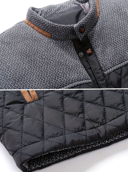 Cozy Diamond Quilted Jacket for Men with Stand Collar Long Sleeve Snap Front Insulated Winter Style