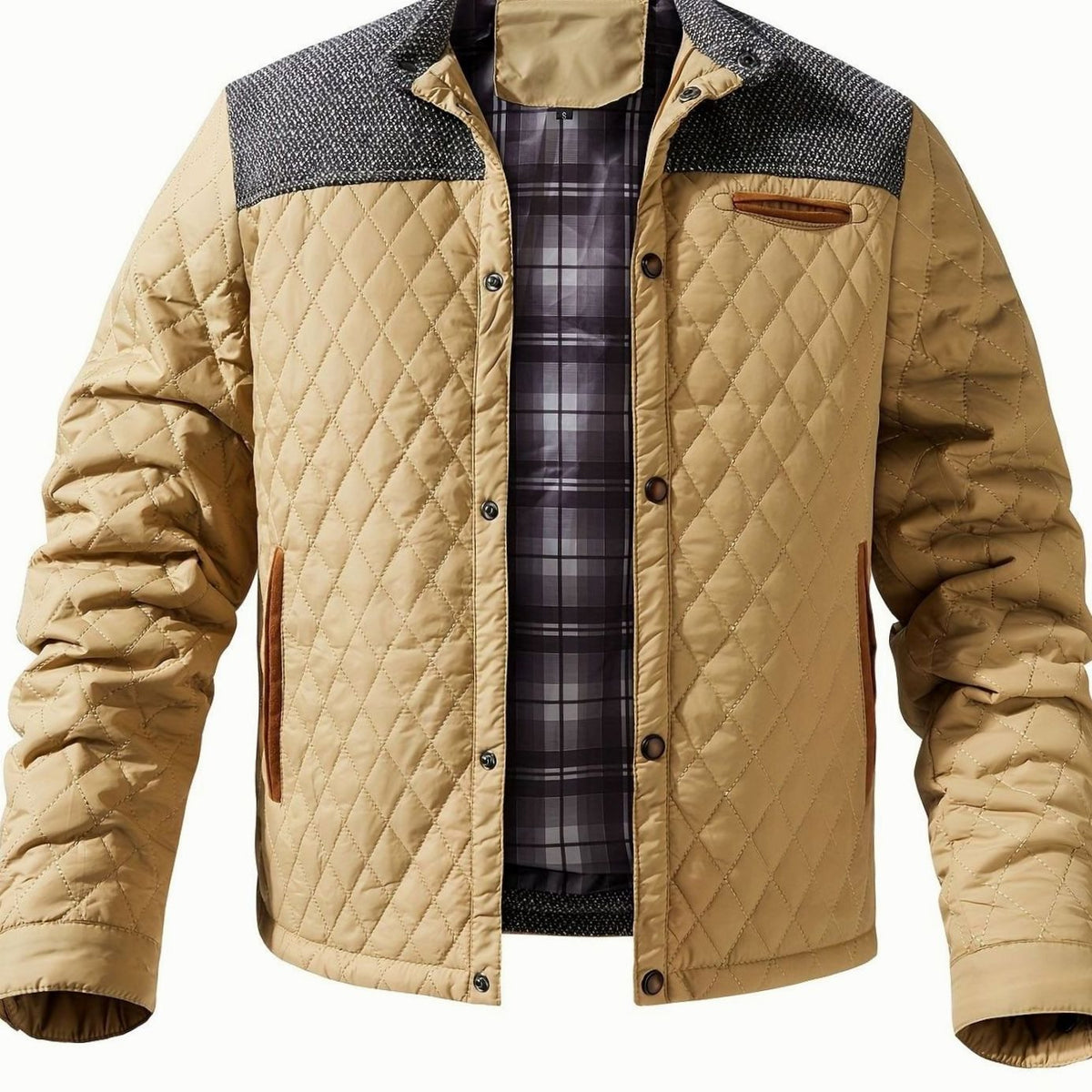 Cozy Diamond Quilted Jacket for Men with Stand Collar Long Sleeve Snap Front Insulated Winter Style