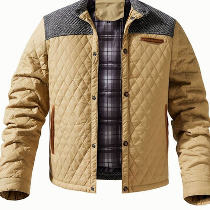 Cozy Diamond Quilted Jacket for Men with Stand Collar Long Sleeve Snap Front Insulated Winter Style