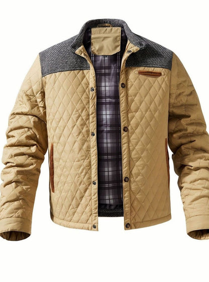 Cozy Diamond Quilted Jacket for Men with Stand Collar Long Sleeve Snap Front Insulated Winter Style