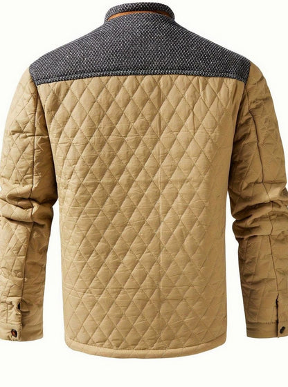 Cozy Diamond Quilted Jacket for Men with Stand Collar Long Sleeve Snap Front Insulated Winter Style