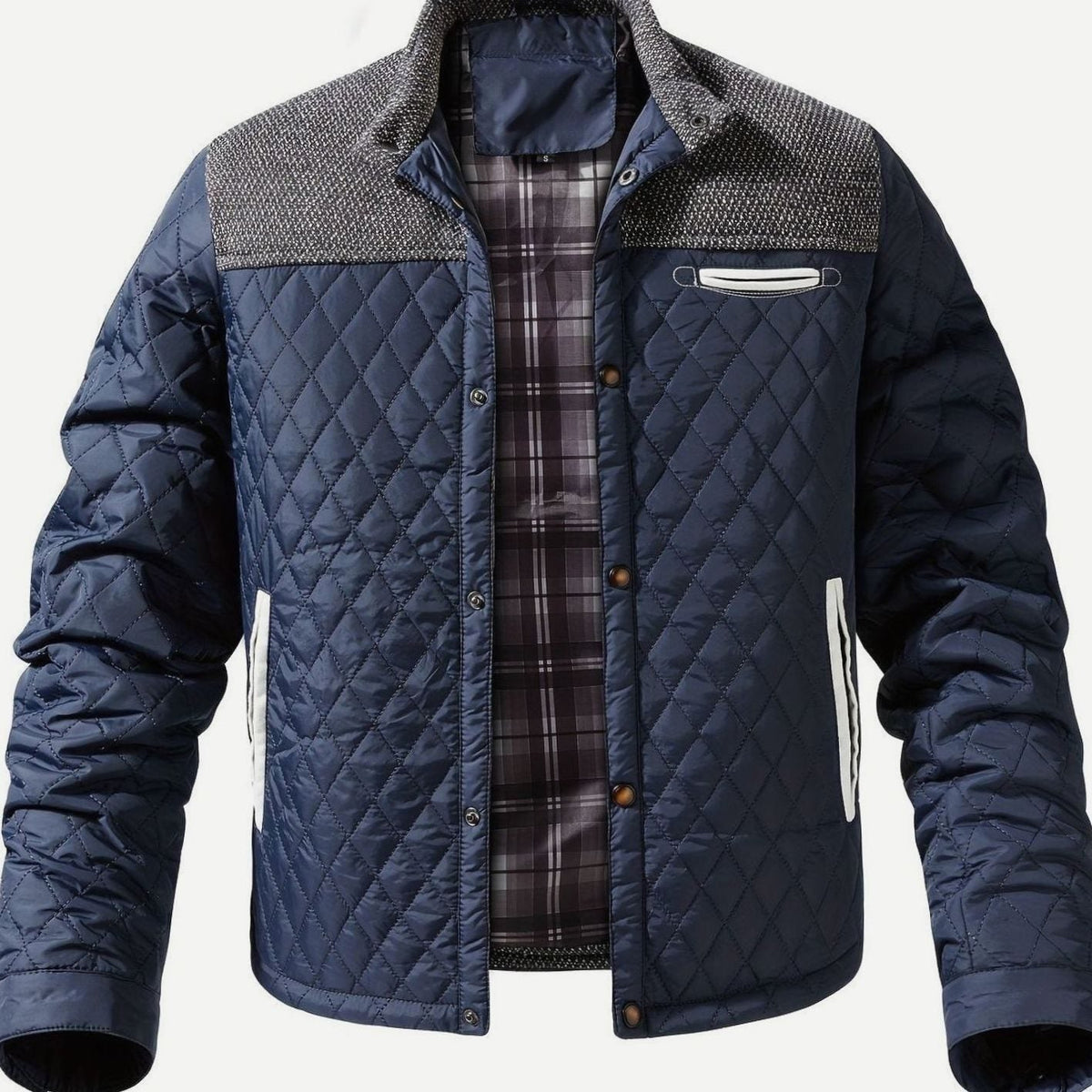 Cozy Diamond Quilted Jacket for Men with Stand Collar Long Sleeve Snap Front Insulated Winter Style