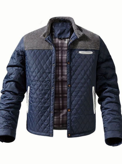 Cozy Diamond Quilted Jacket for Men with Stand Collar Long Sleeve Snap Front Insulated Winter Style