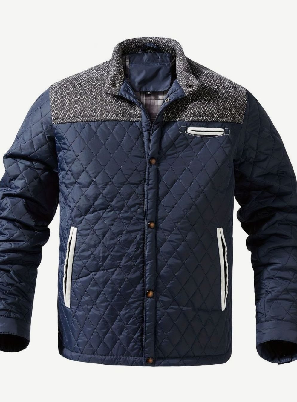 Cozy Diamond Quilted Jacket for Men with Stand Collar Long Sleeve Snap Front Insulated Winter Style