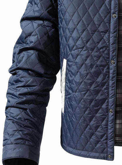 Cozy Diamond Quilted Jacket for Men with Stand Collar Long Sleeve Snap Front Insulated Winter Style