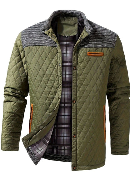 Cozy Diamond Quilted Jacket for Men with Stand Collar Long Sleeve Snap Front Insulated Winter Style