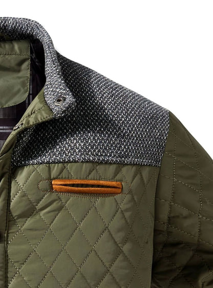 Cozy Diamond Quilted Jacket for Men with Stand Collar Long Sleeve Snap Front Insulated Winter Style
