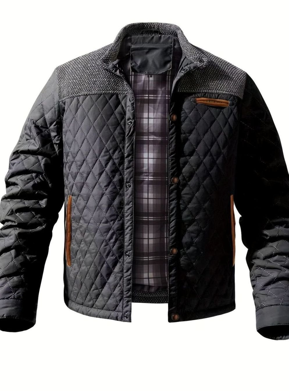 Cozy Diamond Quilted Jacket for Men with Stand Collar Long Sleeve Snap Front Insulated Winter Style