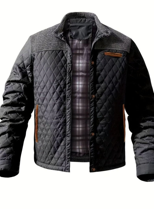 Cozy Diamond Quilted Jacket for Men with Stand Collar Long Sleeve Snap Front Insulated Winter Style